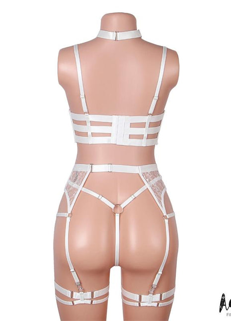 Hyacinth Bra Garter Set with Thong White