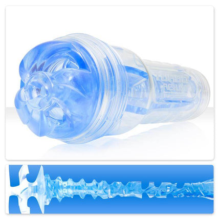 Fleshlight Turbo Thrust Blue Ice male masturbator sleeve with blue textured canal and matching discreet case