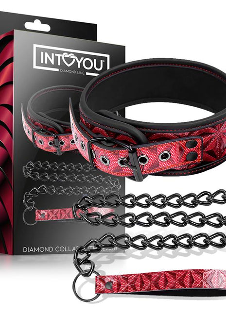 Adjustable Collar With Leash Diamond Vegan Leather