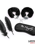 3 Pieces Set Mask Handcuffs and Feathers Black