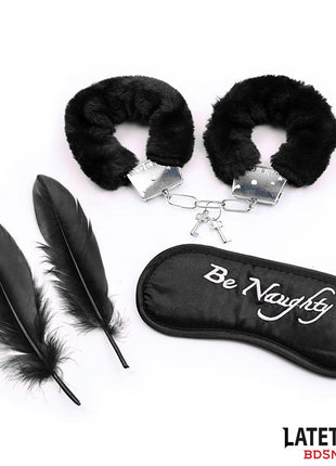 3 Pieces Set Mask Handcuffs and Feathers Black