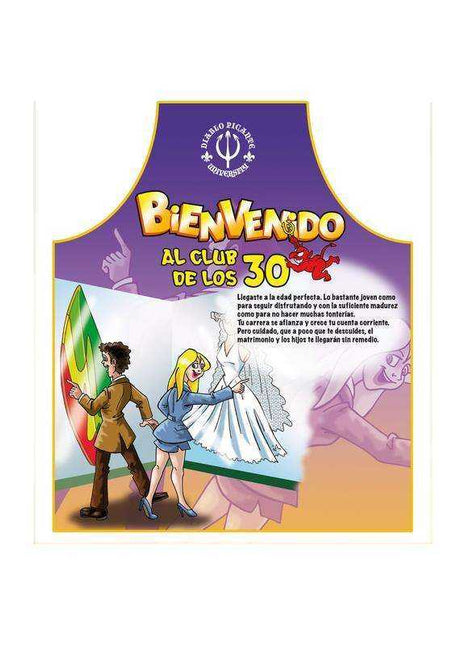30th Birthday Apron with a purple cartoon design, yellow trim, Spanish lettering, and colorful illustrated characters