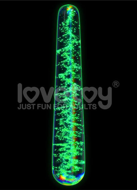 Twilight Gleam Slim glow-in-the-dark borosilicate glass dildo with slender tapered shape and luminescent flecks
