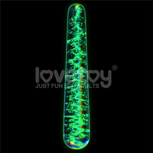 Twilight Gleam Slim glow-in-the-dark borosilicate glass dildo with slender tapered shape and luminescent flecks