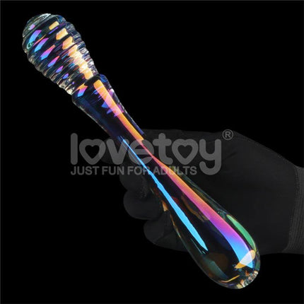 Twilight Gleam Twin Pleasures glow-in-the-dark glass dildo with dual oval ends, one smooth and one textured
