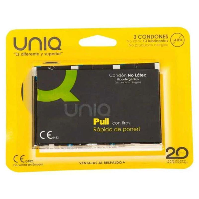 Pull condoms with straps latex-free hypoallergenic transparent 3-piece pack in credit-card-sized packaging
