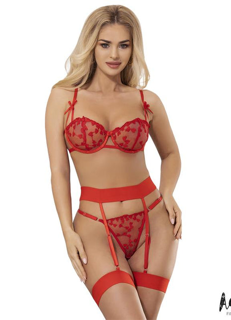 Yvonne bra thong and garter belt Set with Hearts Red