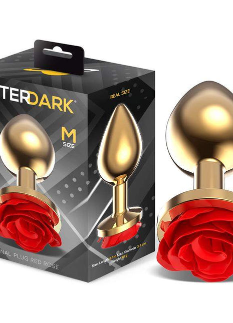 Golden Metal Anal Plug with Red Rose Base Size M