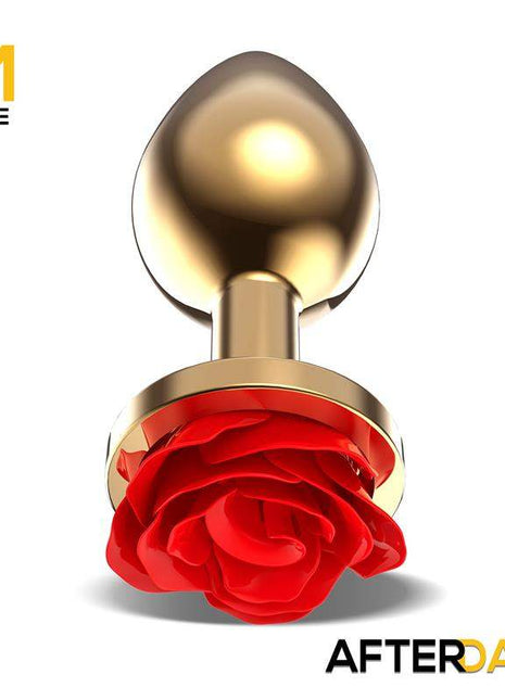 Golden Metal Anal Plug with Red Rose Base Size M