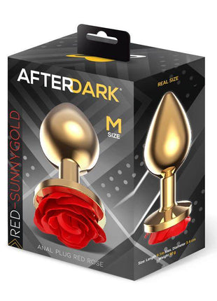 Golden Metal Anal Plug with Red Rose Base Size M