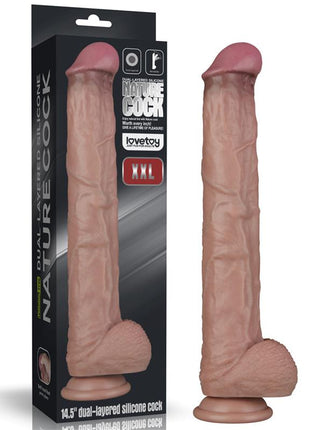 Dual Layered Bendable Dildo XXL 14.5 with realistic veined shaft, pronounced head, suction cup base and bendable core