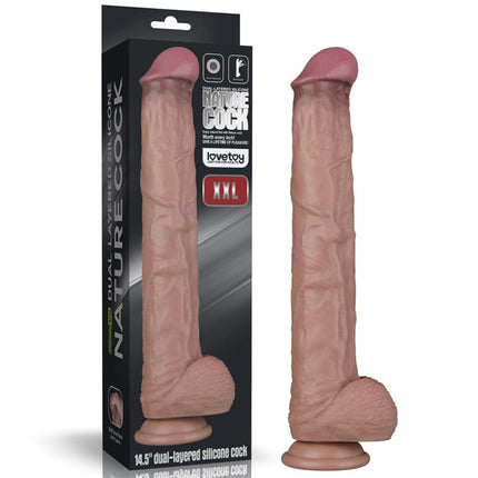 Dual Layered Bendable Dildo XXL 14.5 with realistic veined shaft, pronounced head, suction cup base and bendable core