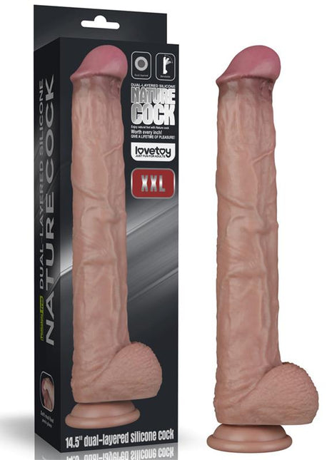 Dual Layered Bendable Dildo XXL 14.5 with realistic veined shaft, pronounced head, suction cup base and bendable core