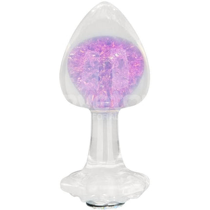 Gemoria silicone butt plug with purple crystal sphere, tapered tip, and wide floral safety base