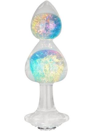 Gemoria silicone butt plug with multicolor crystal sphere, tapered tip, and floral safety base