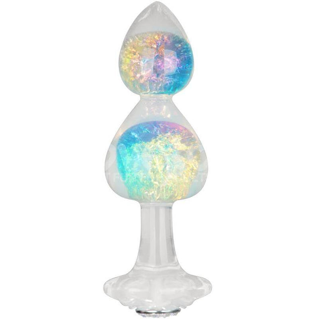 Gemoria silicone butt plug with multicolor crystal sphere, tapered tip, and floral safety base