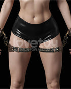 Rebellion Reign thigh cuffs set in black PU with bronze metal buckles, adjustable straps, wrist cuffs, and attachment clips