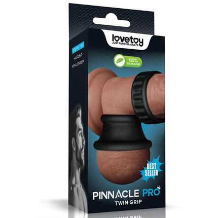 Pinnacle Pro Twin Grip Stretcher silicone cock ring with two connectable ribbed pieces and hourglass inner sleeve