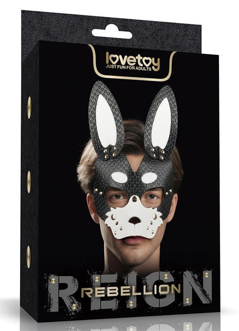 Rebellion Reign Rebel Bunny Mask in black and white PU with tall ears, removable muzzle, adjustable straps, and metal rivets