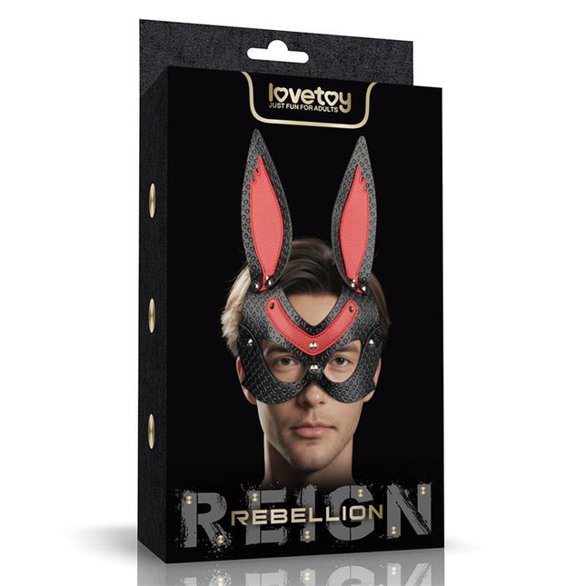 Rebellion Reign Mystery Bunny Mask in black and red PU with tall ears, adjustable straps, and gold-tone metal fittings