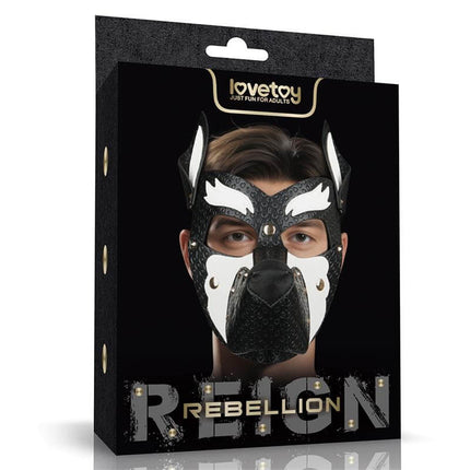 Rebellion Reign Howl Pup Mask White with PU finish, removable muzzle, upright ears, and gold metal fittings
