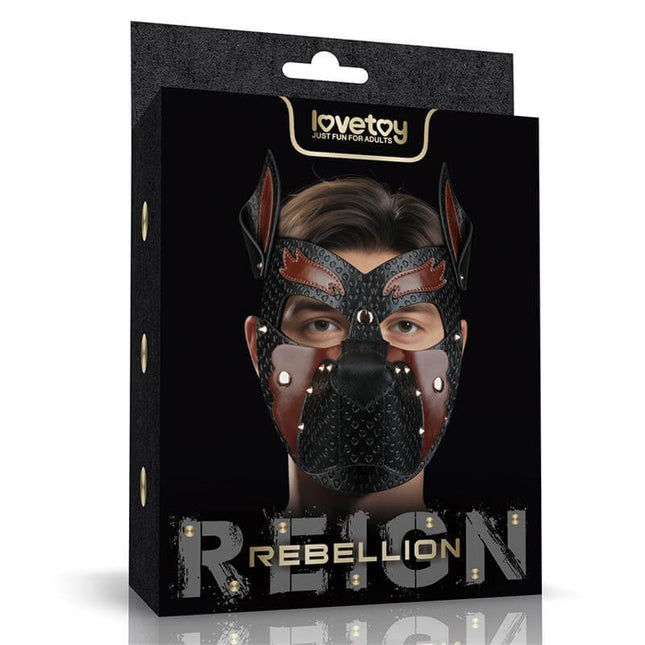 Rebellion Reign Howl Pup Mask in black and brown PU with upright ears, removable muzzle, and gold hardware