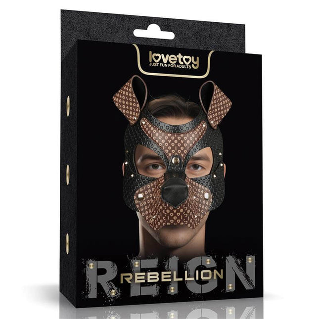 Rebellion Reign Classic Pup Mask in black and brown PU with removable muzzle and gold-tone hardware