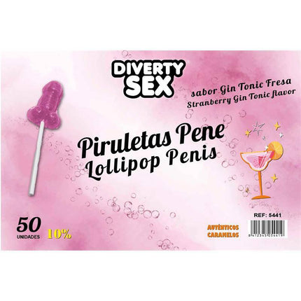 50 penis-shaped lollipops gin tonic-strawberry flavor 10% alcohol