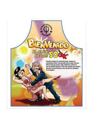 50th Birthday Apron with a colourful Spanish comic-style dance scene, featuring a laughing couple and bold 'Bienvenido al Club de los 50' text.