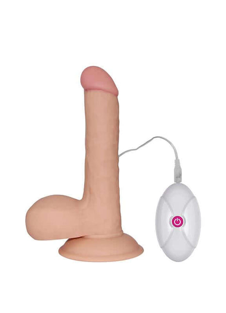 The Ultra Soft Dude 7.5 flesh tone realistic dildo with vibration, curved design, and suction cup base