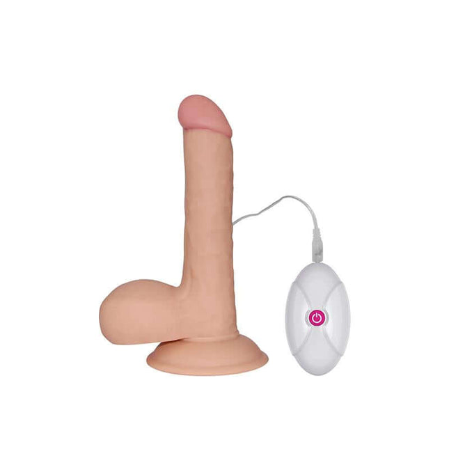 The Ultra Soft Dude 7.5 flesh tone realistic dildo with vibration, curved design, and suction cup base