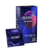 Condoms Intense Orgasmic in a dark blue and purple Durex box with a matching foil wrapper, 12 regular-fit condoms