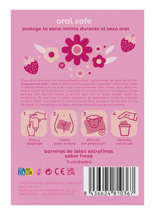 Box of 3 strawberry-flavored oral barriers made of ultra-thin latex for safe and sensitive oral sex pleasure
