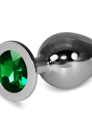 Metal butt plug RoseBud Classic size L with green jewel base and rounded tip