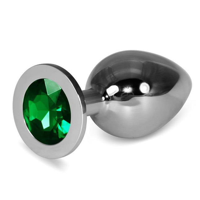 Metal butt plug RoseBud Classic size L with green jewel base and rounded tip