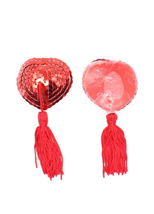 Heart Sequin Nipple Cover with Tassel Red