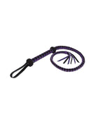 Bullwhip in purple and black braided material with a looped handle and split tassel, for traditional whip technique.