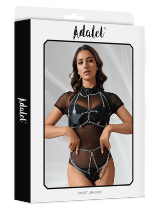 Vegan leather 2-piece lingerie set with star-shaped cups and necklace, one size fits most