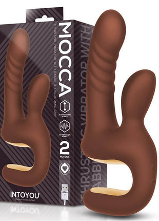 Mocca thrusting rabbit vibrator in chocolate brown with ergonomic handle, silicone body, and clitoral stimulator