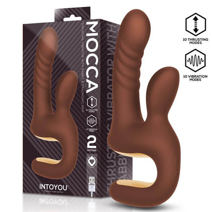 Mocca thrusting rabbit vibrator in chocolate brown with ergonomic handle, silicone body, and clitoral stimulator