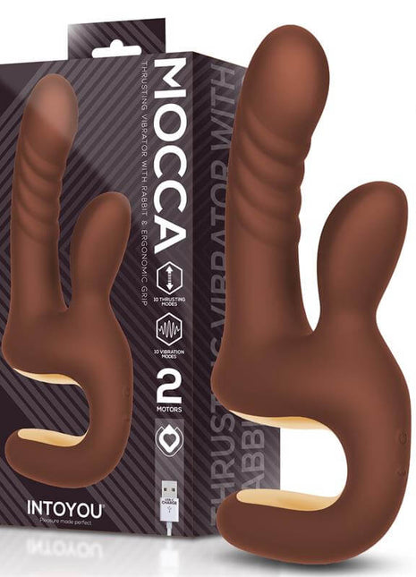 Mocca thrusting rabbit vibrator in chocolate brown with ergonomic handle, silicone body, and clitoral stimulator