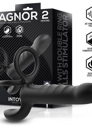 Magnor dual-ring silicone vibrator with textured dildo shaft, balls stimulator, and double ring design