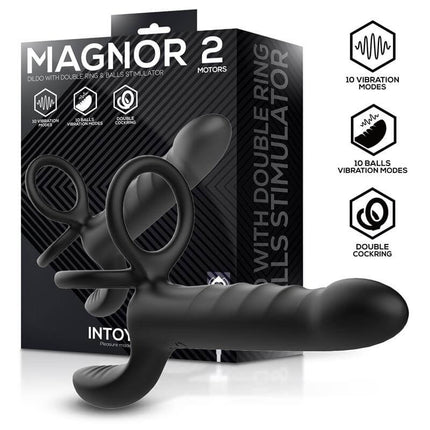 Magnor dual-ring silicone vibrator with textured dildo shaft, balls stimulator, and double ring design