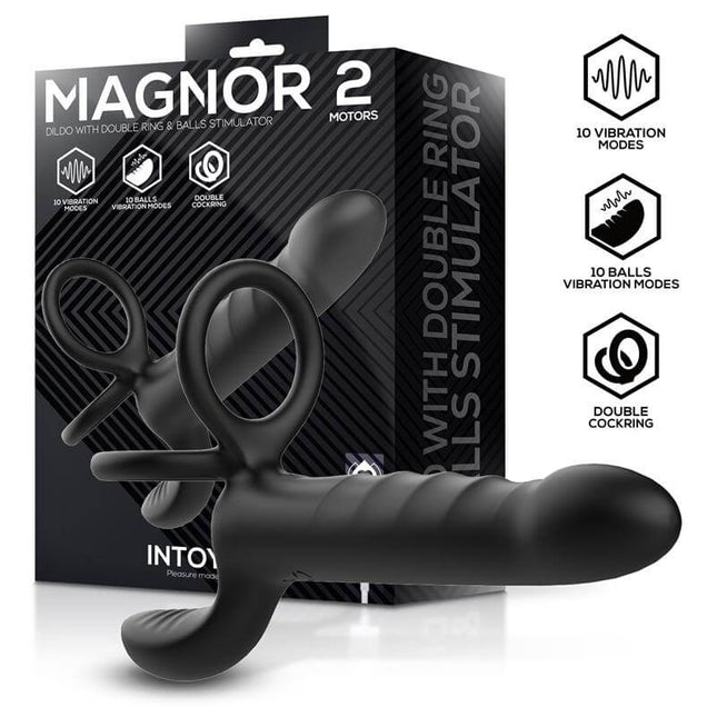 Magnor dual-ring silicone vibrator with textured dildo shaft, balls stimulator, and double ring design