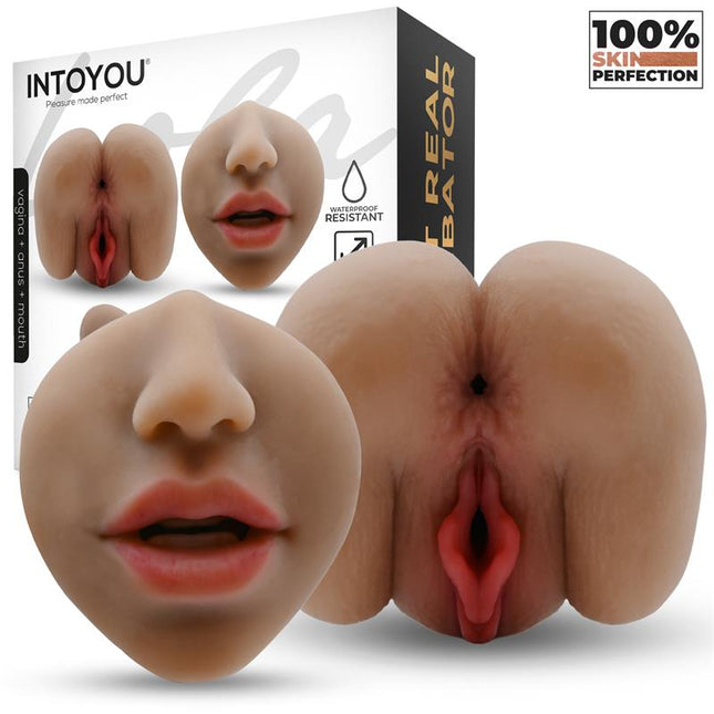 Lola realistic TPE triple stroker with vagina, anus, and mouth openings, skin-like texture, 650g