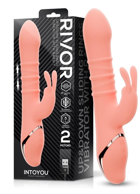 Rivor vibrator with sliding shaft rings, flexible bunny ears, silicone body, and dual-stimulation design