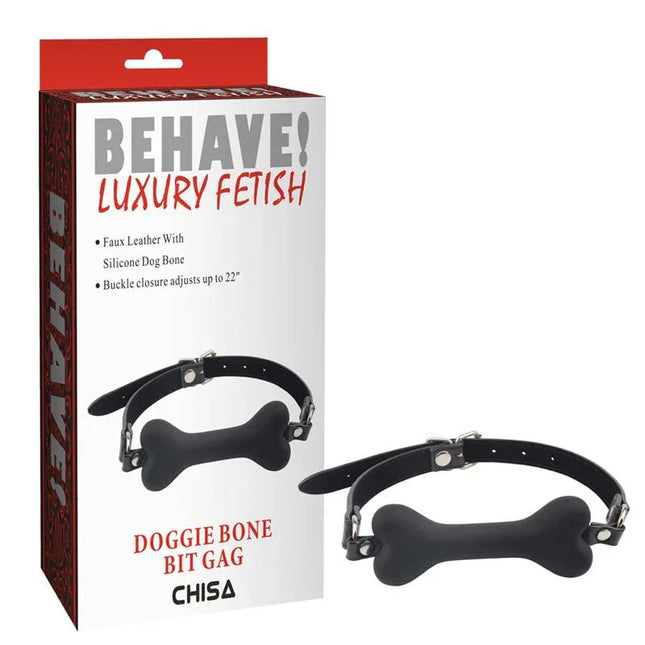 Gag Ball Doggle Bone Bit: silicone bone-shaped gag for intimate restraint with adjustable soft ball and buckle, featured in packaging.