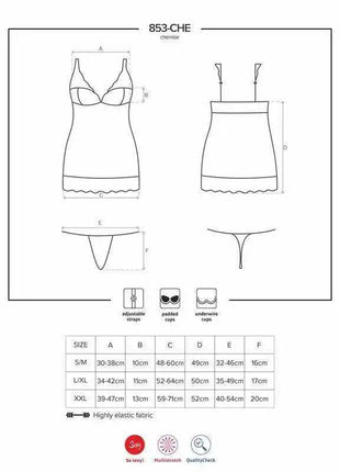853-CHE-2 Chemise lingerie set shown in black line drawings of a strapped chemise and thong, with sizing chart