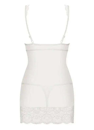 853-CHE-2 Chemise in white, with a fitted sleeveless silhouette, thin adjustable straps and a lace hem