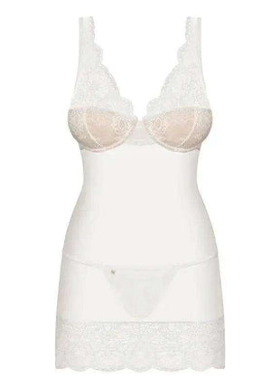 853-CHE-2 Chemise white lingerie dress with lace cups, straps and scalloped lace hem, paired with a matching thong